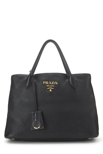 Prada, sac fourre-tout à double bouton-pression Vitello Daino noir d'occasion, taille moyenne, noir