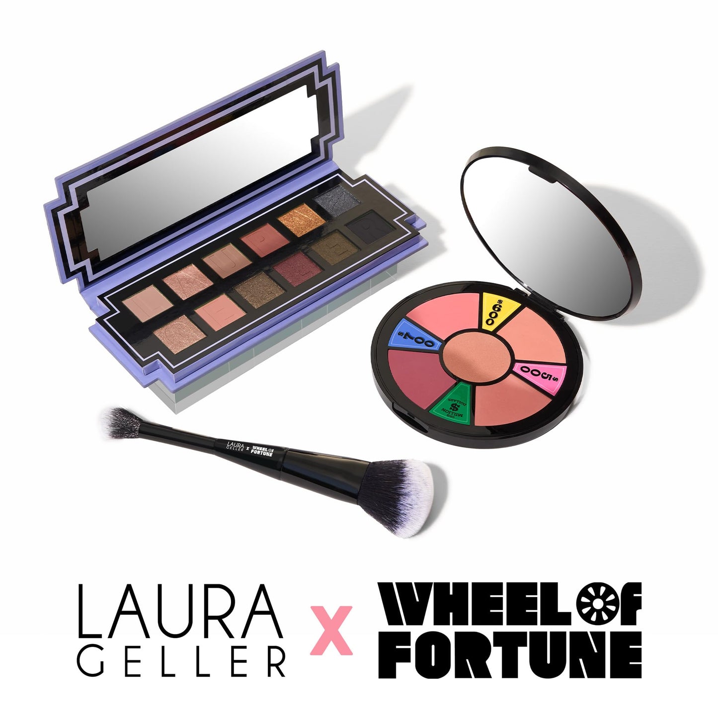 LAURA GELLER NEW YORK Kit de palette pour les yeux et les joues Wheel fo Fortune - Palette de fards à paupières Prizewinnig Eyes + Palette de fards à joues Face the Day + Pinceau à double extrémité