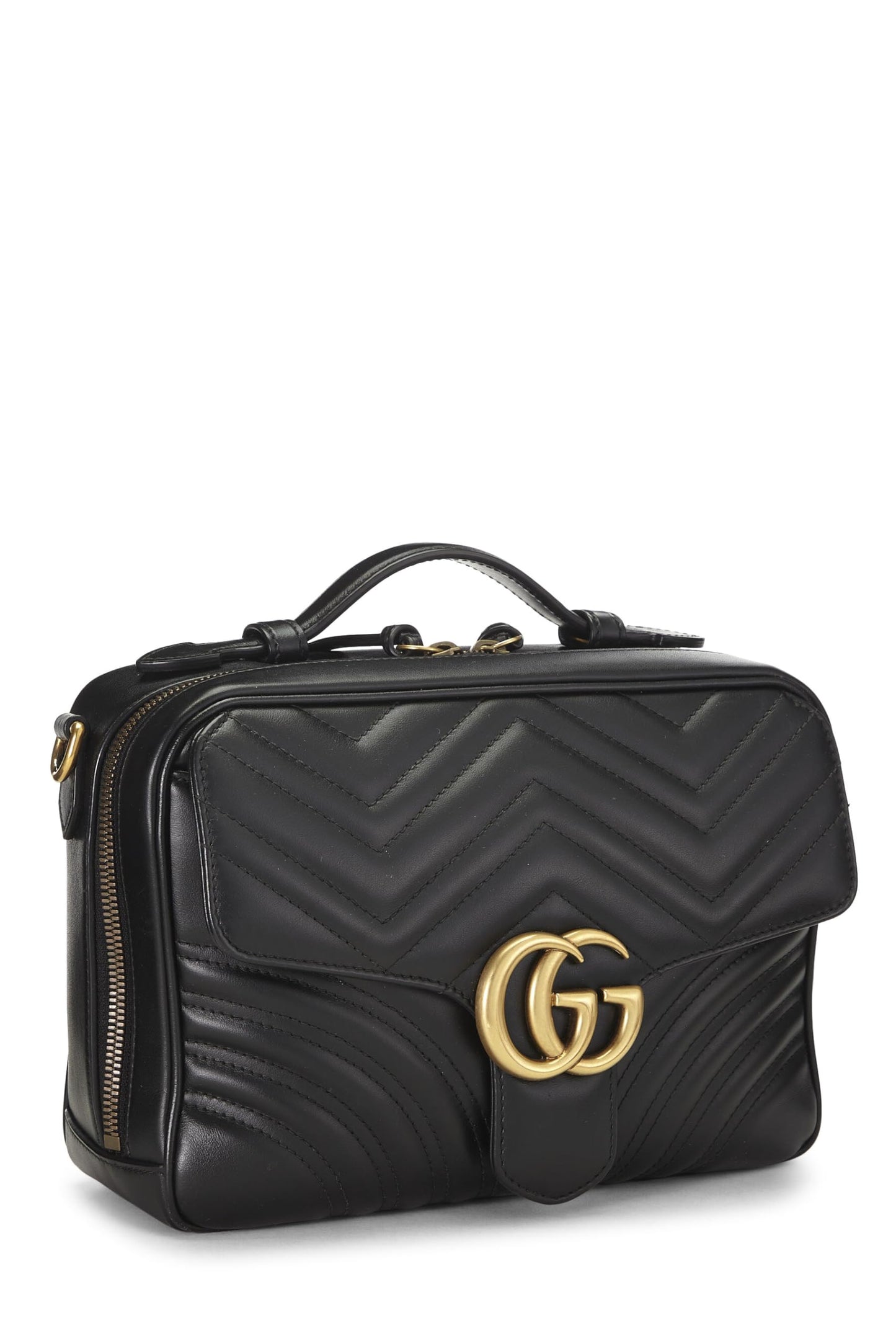 Gucci, Bolso de hombro pequeño GG Marmont con asa superior de cuero negro Pre-Loved, Negro