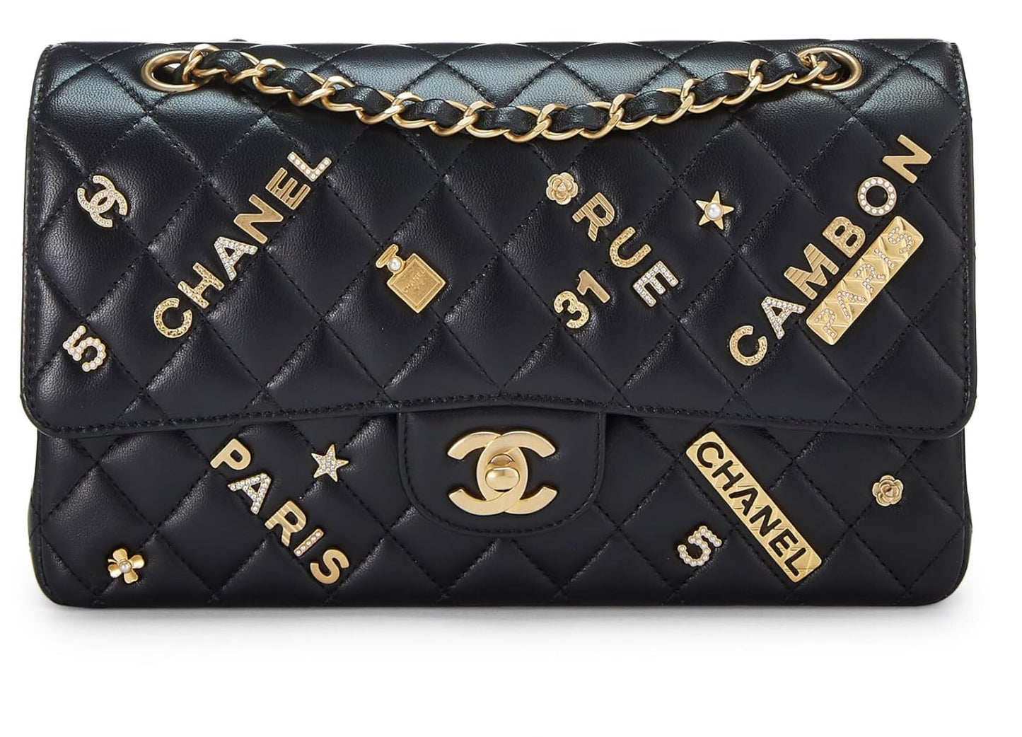 Chanel, Porte-monnaie Lucky Charm à double rabat en cuir d'agneau noir de taille moyenne, d'occasion, noir