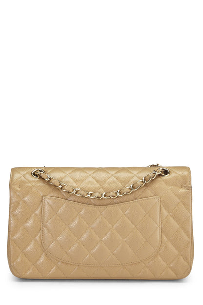 Chanel, sac à rabat double classique matelassé beige caviar d'occasion, taille M, beige