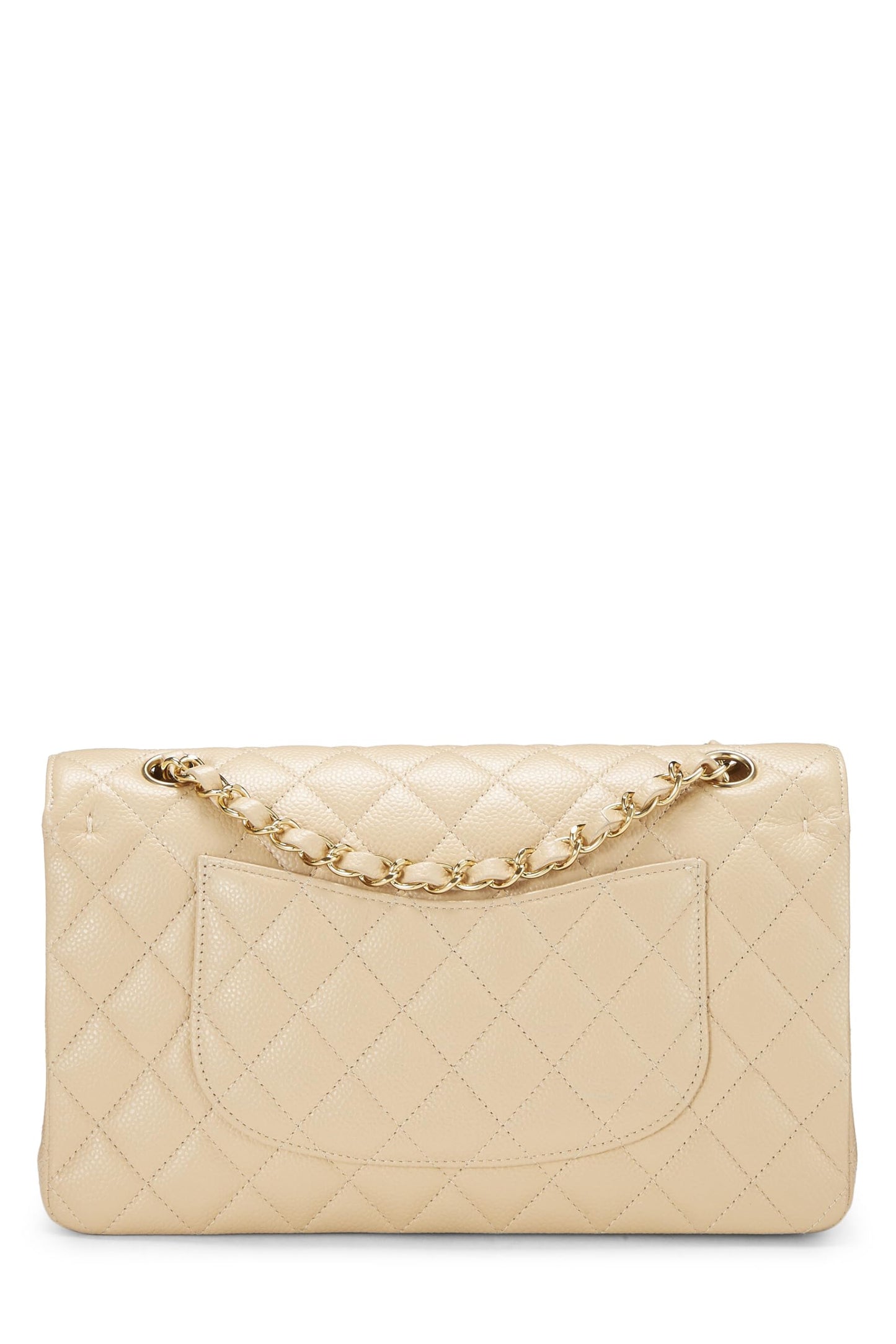 Chanel, sac à rabat double classique matelassé beige caviar d'occasion, taille M, beige