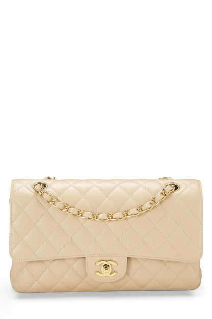 Chanel, sac à rabat double classique matelassé beige caviar d'occasion, taille M, beige