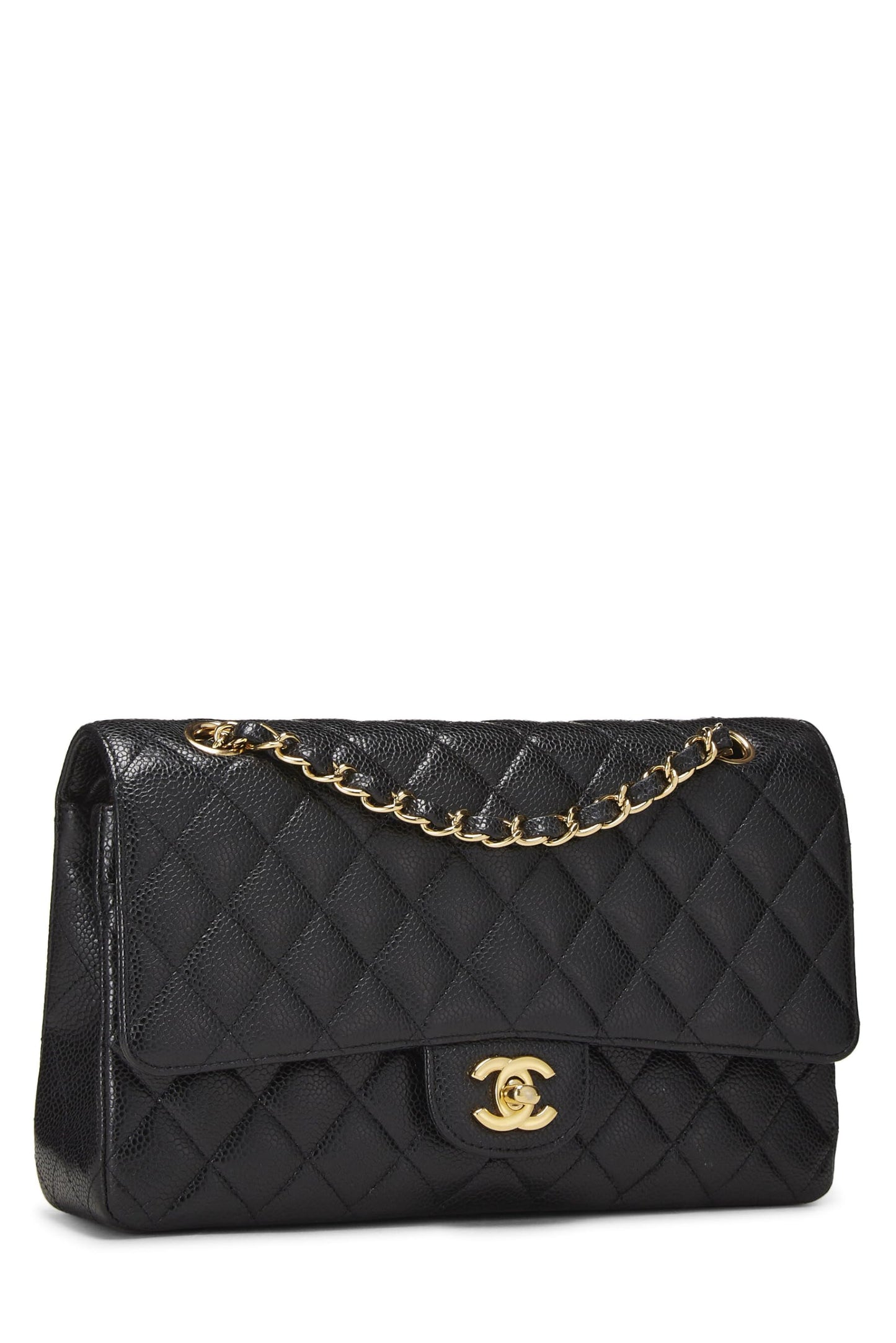 Chanel, sac à main matelassé noir à double rabat classique de taille moyenne, noir