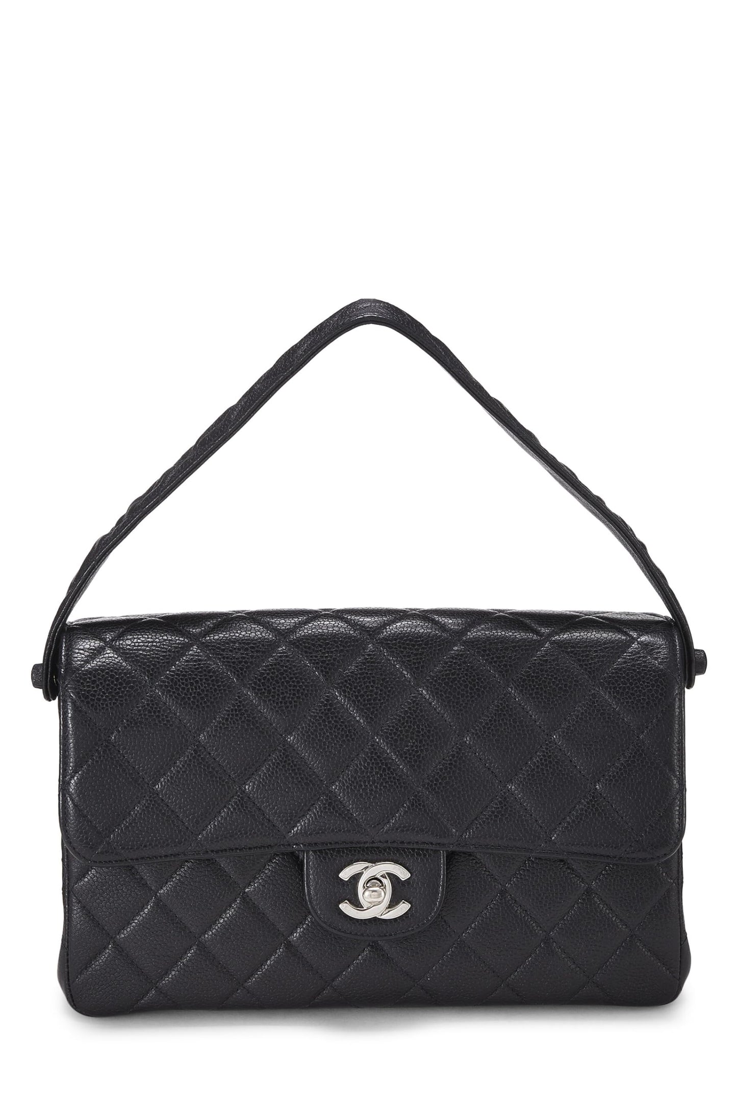 Chanel, sac à rabat classique double face matelassé noir caviar d'occasion de taille moyenne, noir