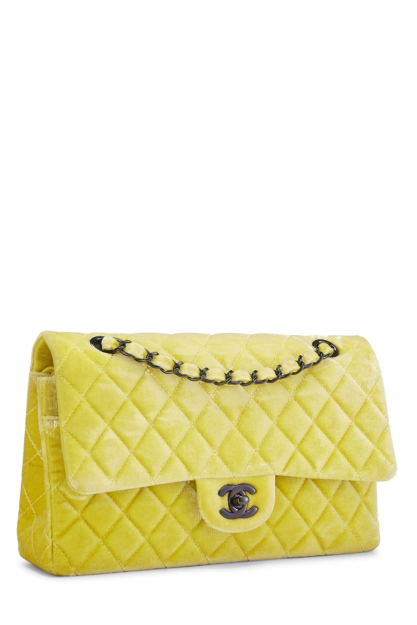 Chanel, sac à rabat double classique en velours matelassé jaune d'occasion, taille M, jaune