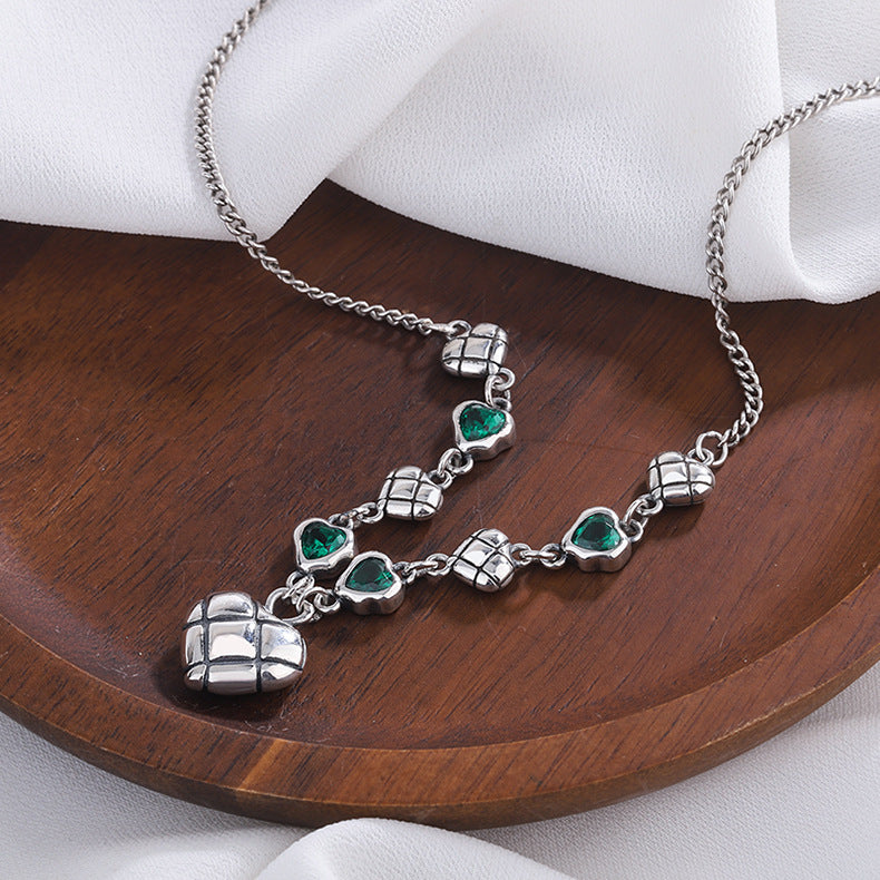 Green Zirconium Love Splice Necklace Women's Ins Fashion Heavy Industry Small Group Clavicle Chain