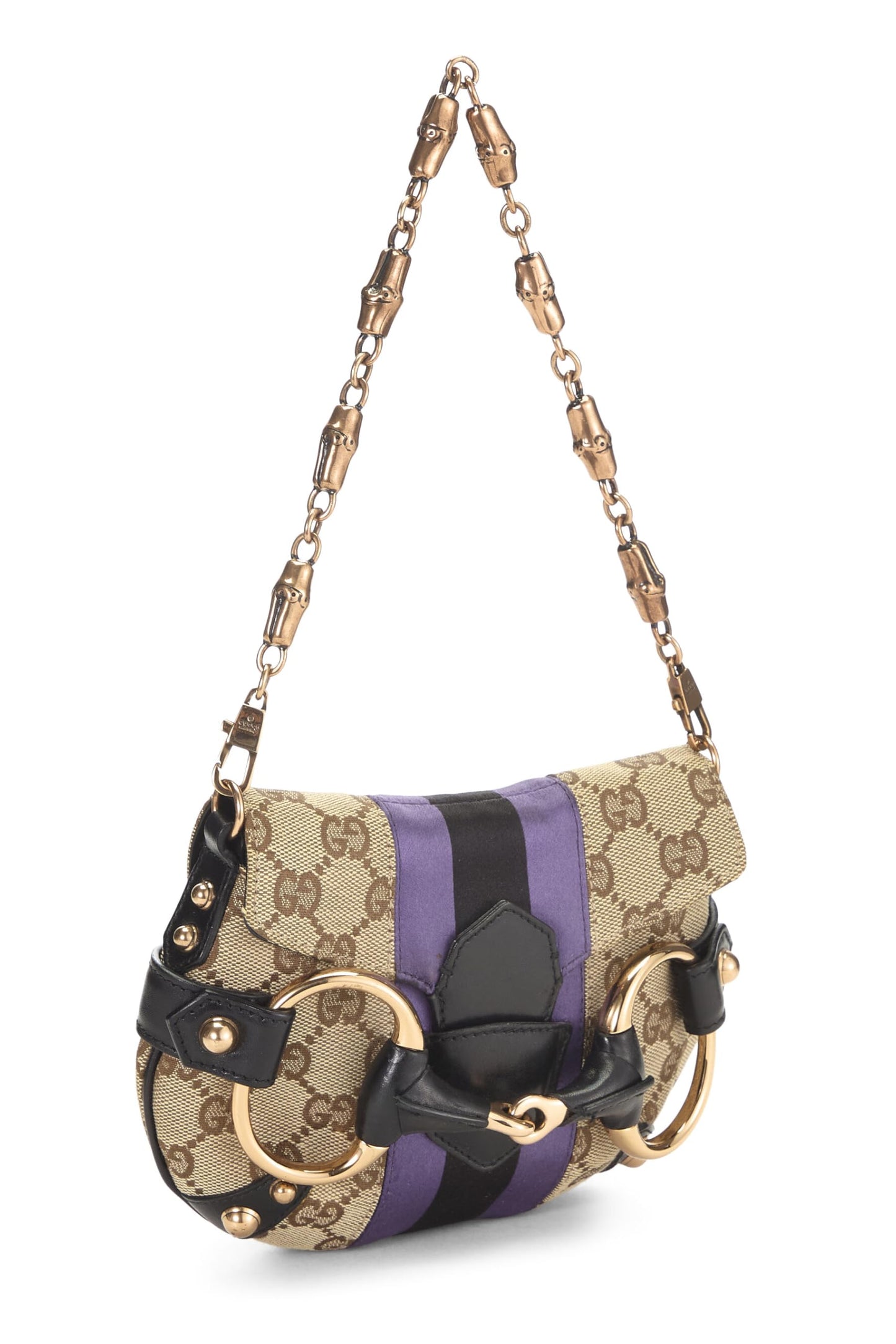 Gucci, Bolso de hombro con cadena Horsebit de lona GG original en color morado Pre-Loved, Púrpura