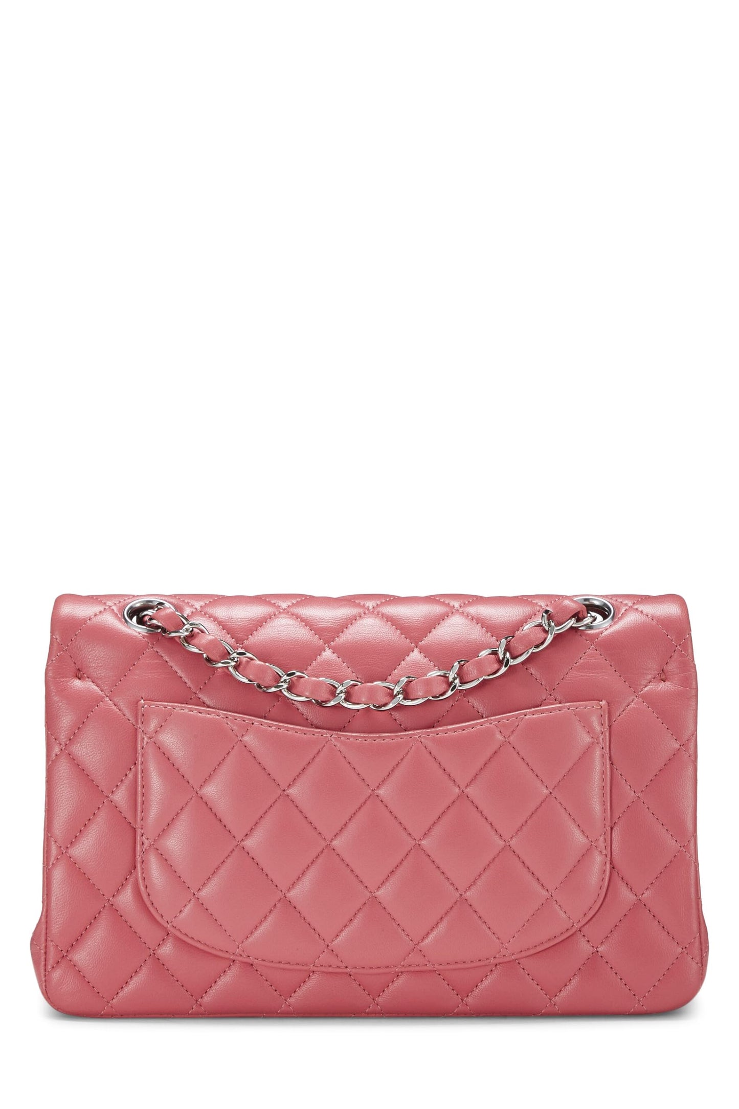 Chanel, Petit sac à rabat classique en cuir d'agneau matelassé rose d'occasion, rose