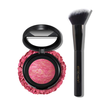 LAURA GELLER NEW YORK Rubor marmoleado Baked Blush-n-Brighten - Paquete de brochas para rubor en ángulo y Sunlit Rose