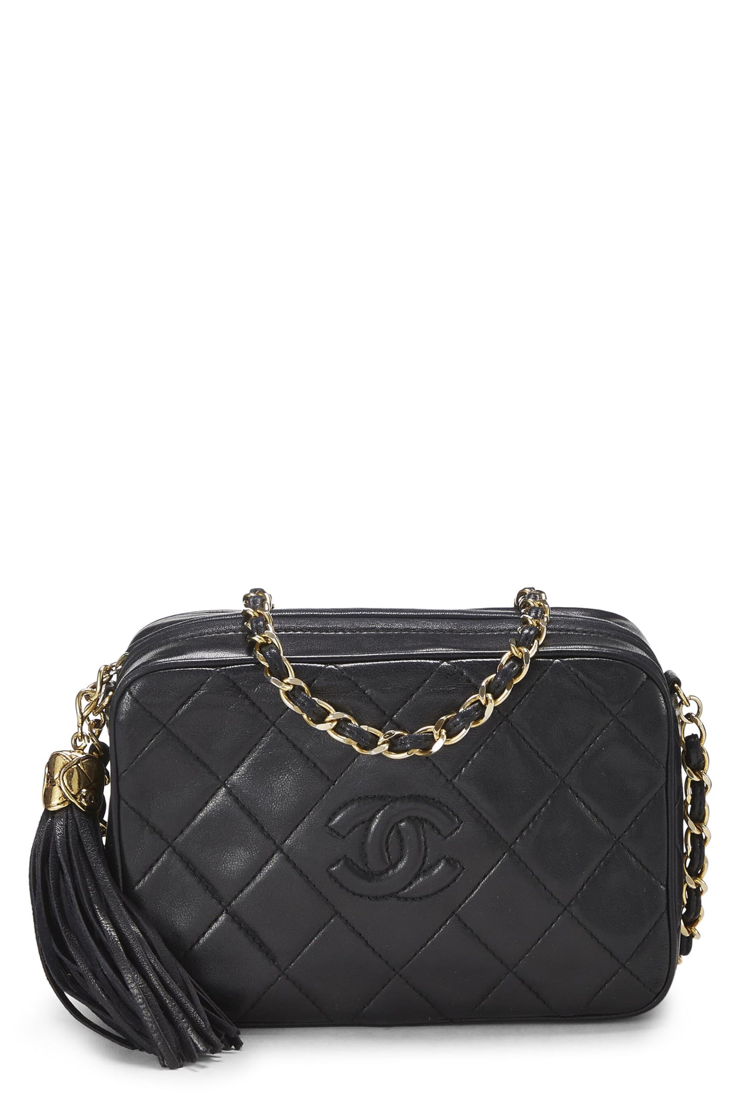 Chanel, Mini sac photo en cuir d'agneau noir Diamond CC d'occasion, noir