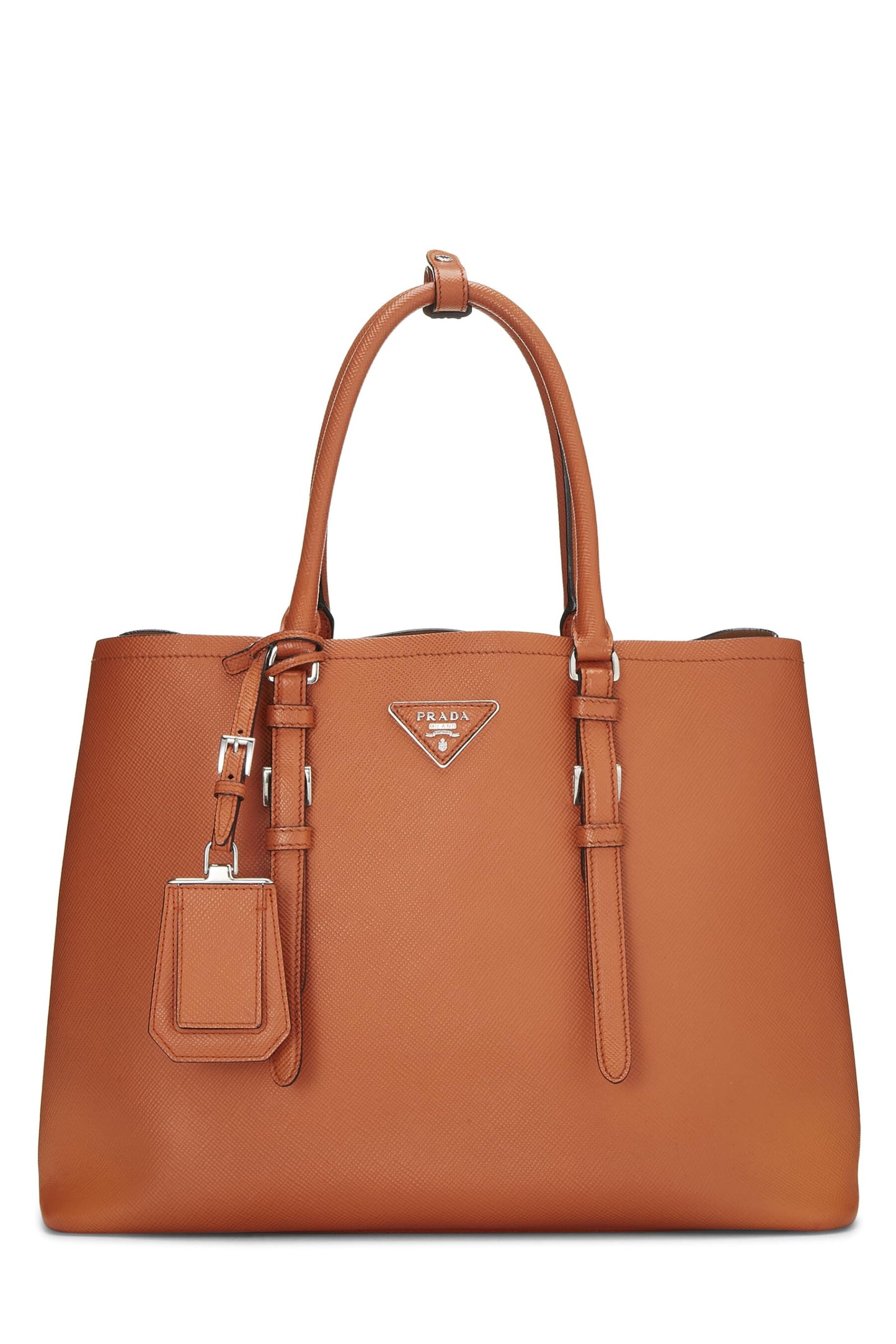 Prada, sac fourre-tout double cuir Saffiano orange d'occasion, orange