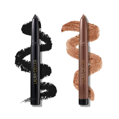 LAURA GELLER NEW YORK Kajal Longwear Kohl Eyeliner Pencil Duo - Deep Black + Khaki - Smooth, Blendable Liner - Infused with Caffeine