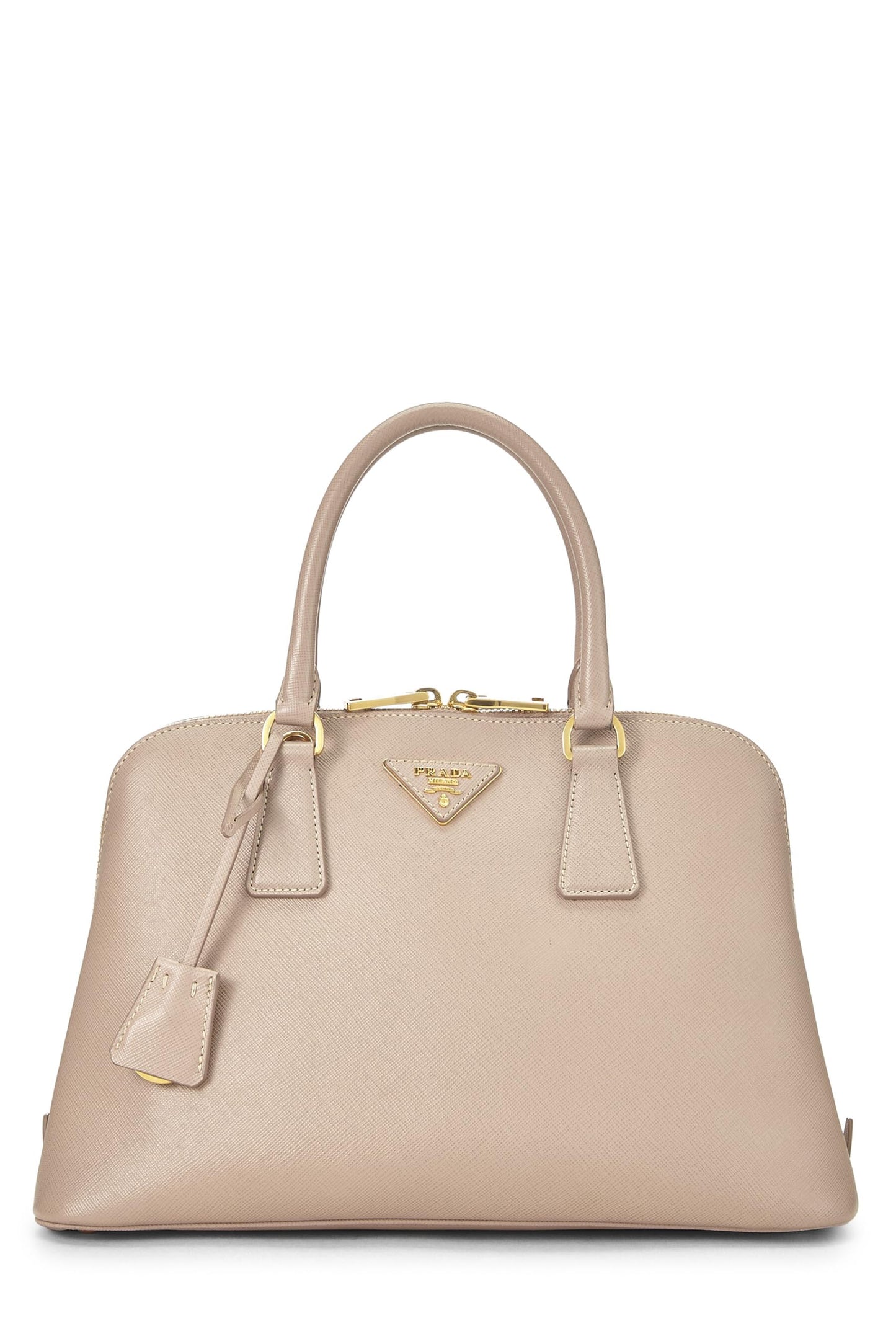 Prada, sac à main convertible en cuir Saffiano beige d'occasion, petit modèle, beige