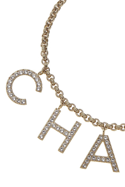 Chanel, Pre-Loved Gold & Crystal Logo Necklace, Gold