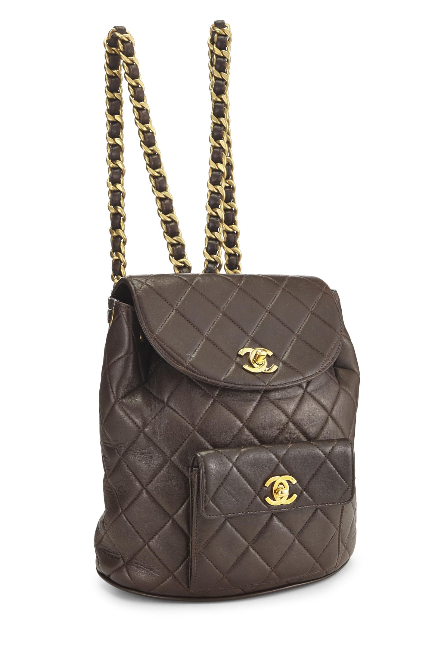 Chanel, Mochila clásica pequeña 'CC' de piel de cordero acolchada marrón Pre-Loved, Marrón