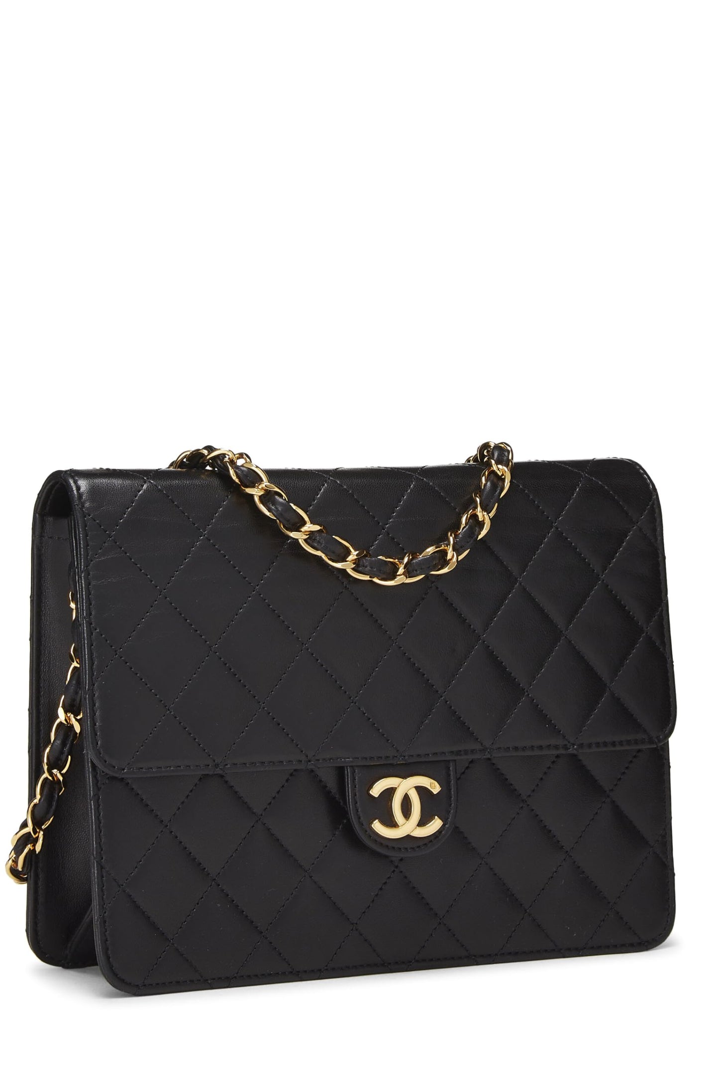 Chanel, Petit sac à rabat en cuir d'agneau matelassé noir d'occasion, noir