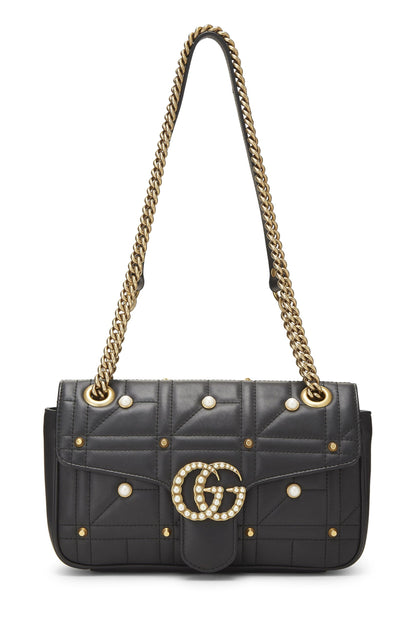 Gucci, Bolso de hombro Marmont pequeño de cuero Matelassé con perlas de imitación negras Pre-Loved, Negro