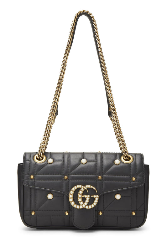 Gucci, sac à bandoulière Marmont en cuir matelassé avec fausses perles noires, petit modèle, noir