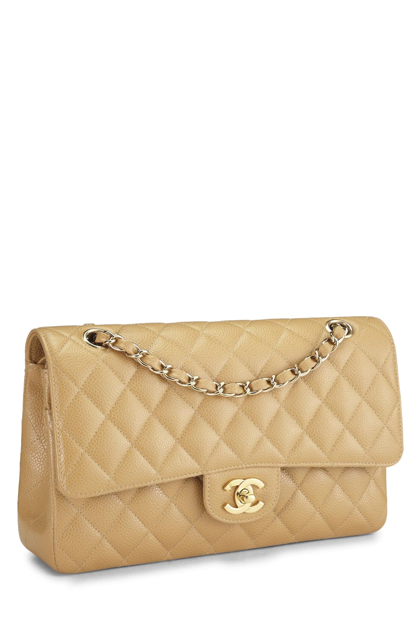 Chanel, sac à rabat double classique matelassé beige caviar d'occasion, taille M, beige