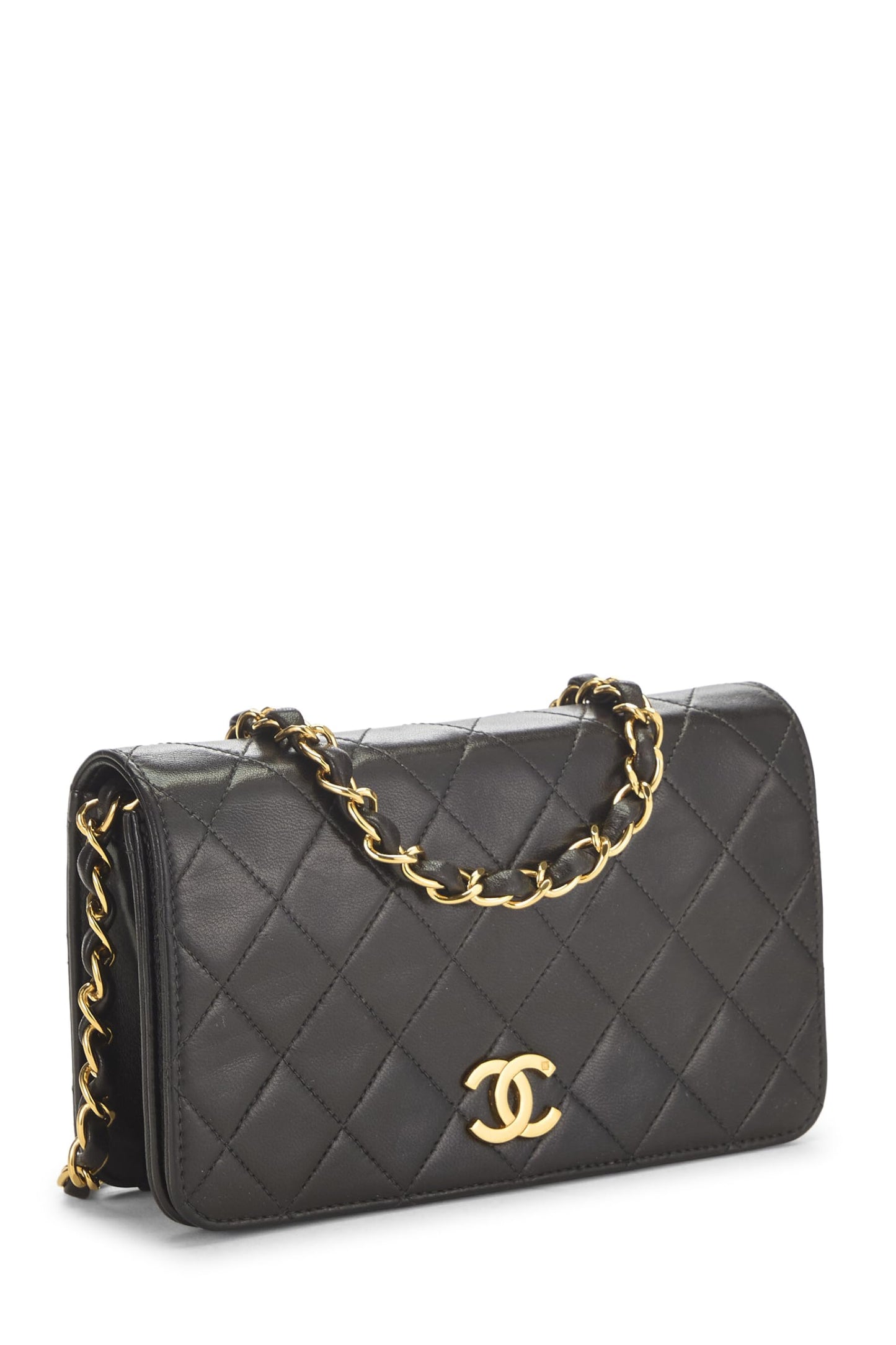 Chanel, Mini solapa completa con broche de piel de cordero acolchada negra Pre-Loved, Negro