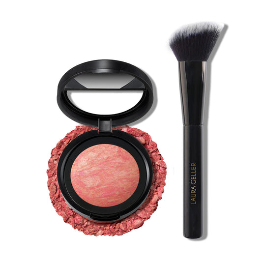 LAURA GELLER Blush-n-Brighten Marbleized 2-in-1 Blush Coral Cove - Angled Blush Brush - Ultra Soft Vegan Bristles