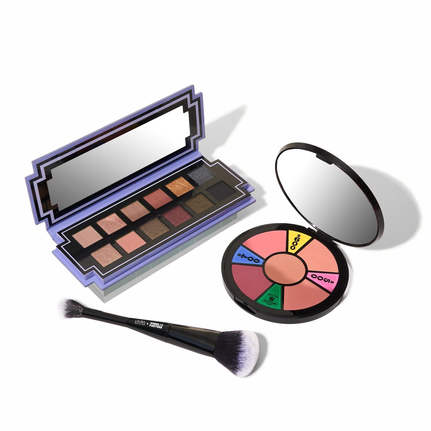 LAURA GELLER NEW YORK Kit de palette pour les yeux et les joues Wheel fo Fortune - Palette de fards à paupières Prizewinnig Eyes + Palette de fards à joues Face the Day + Pinceau à double extrémité