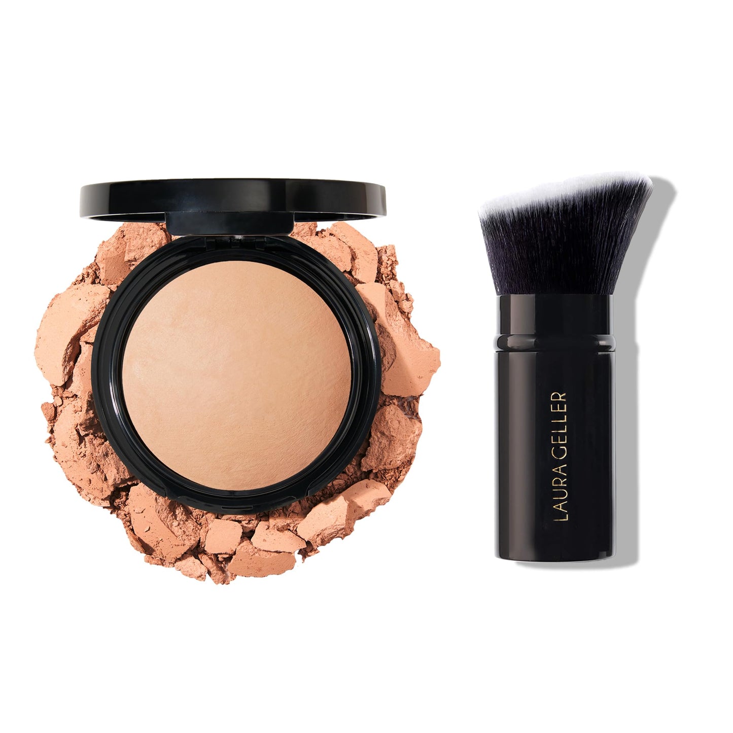 LAURA GELLER NEW YORK Baked Double Take Powder Foundation, Light + Angled Retractable Kabuki Brush