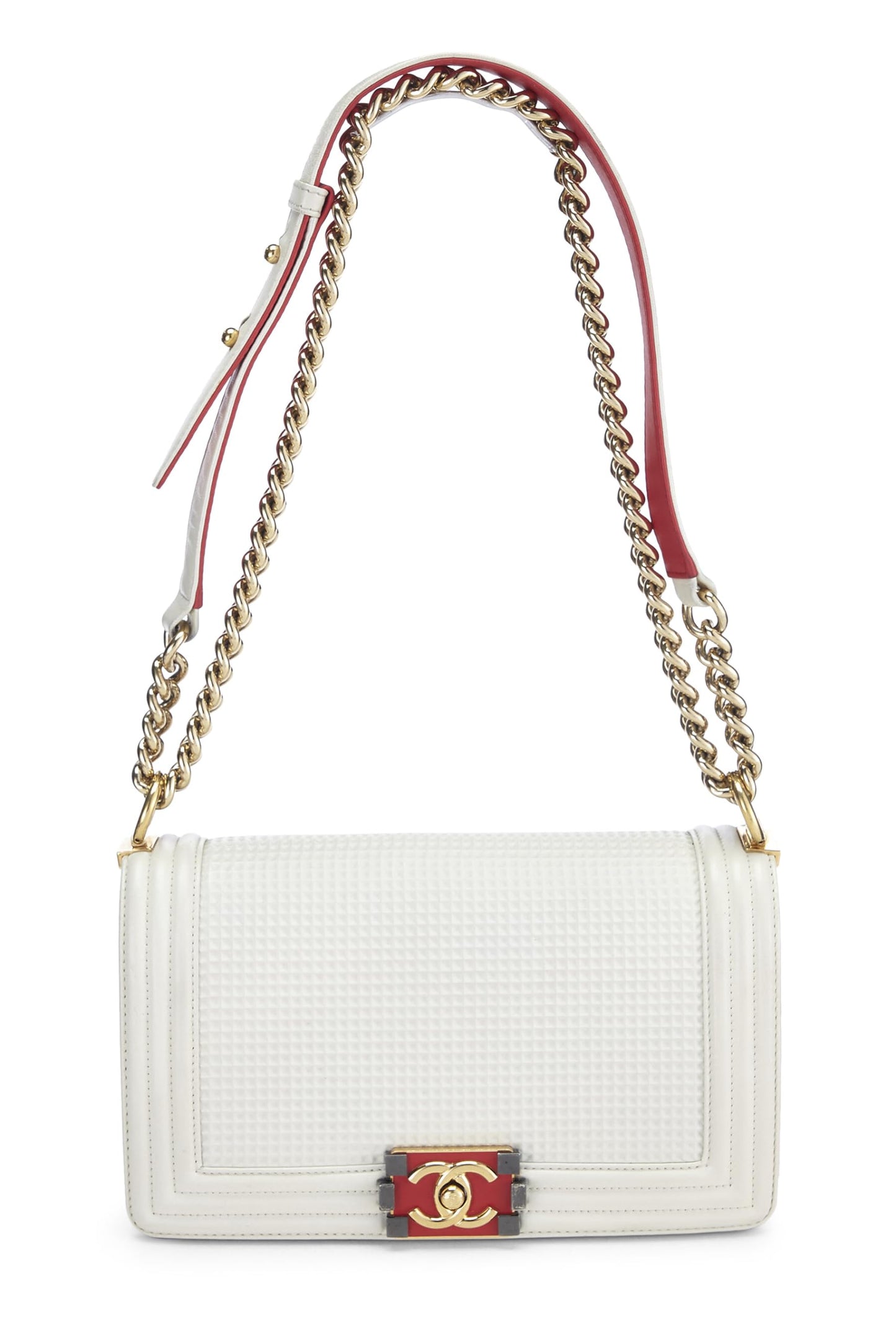 Chanel, Bolso chico mediano de piel de becerro con relieve de cubo blanco Pre-Loved, Blanco