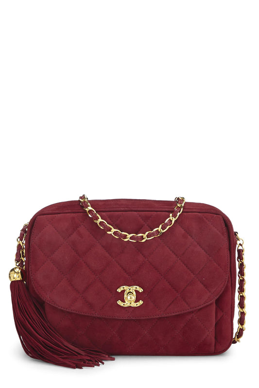 Chanel, sac pour appareil photo de poche matelassé en daim rouge d'occasion de taille moyenne, rouge