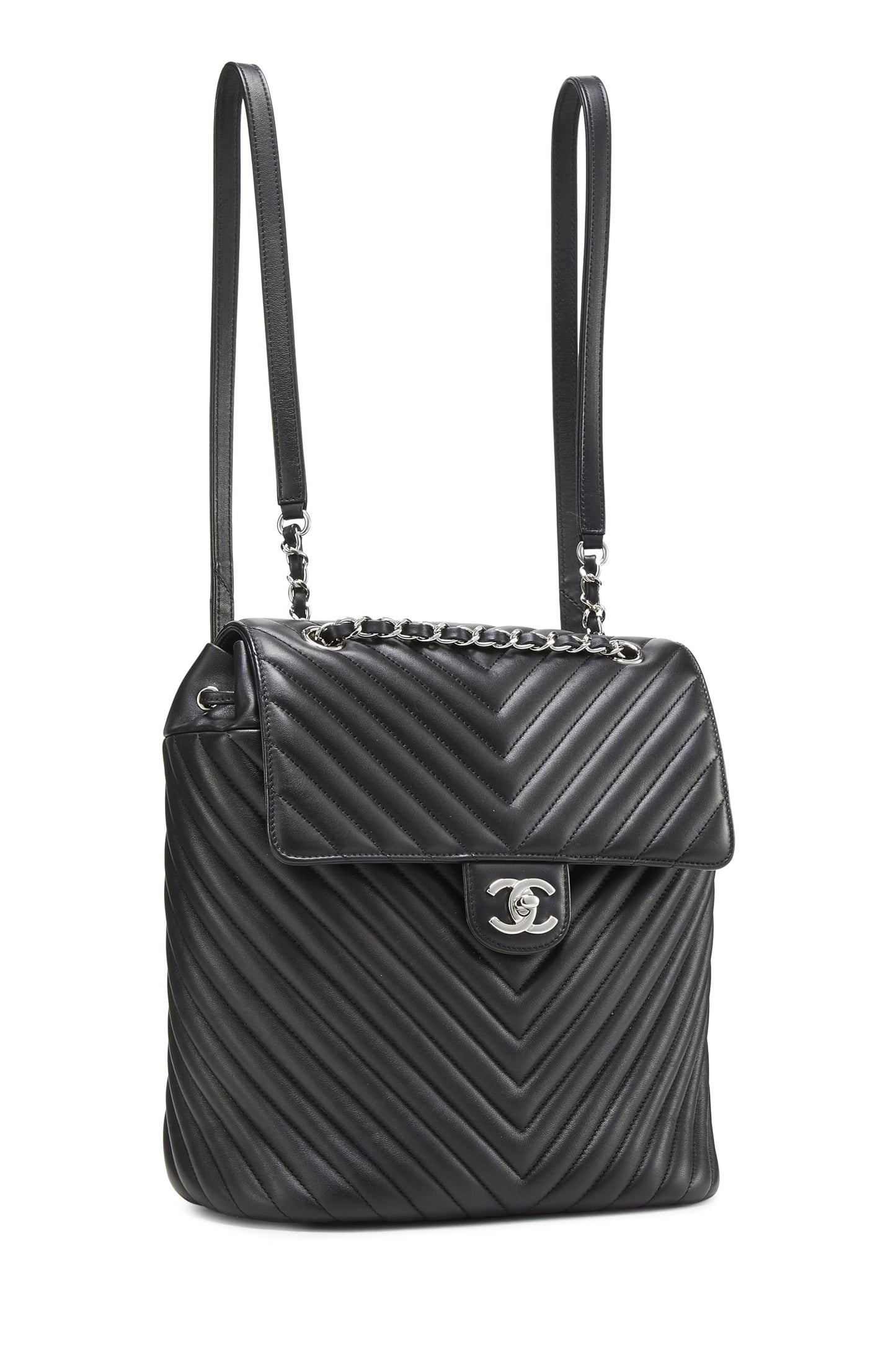 Chanel, Mochila Urban Spirit de piel de cordero con chevron negro Pre-Loved, Negro