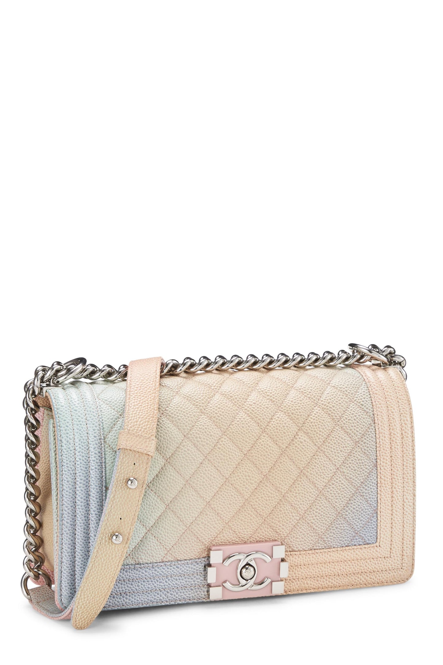 Chanel, Sac Boy matelassé Rainbow Caviar Medium d'occasion, rose