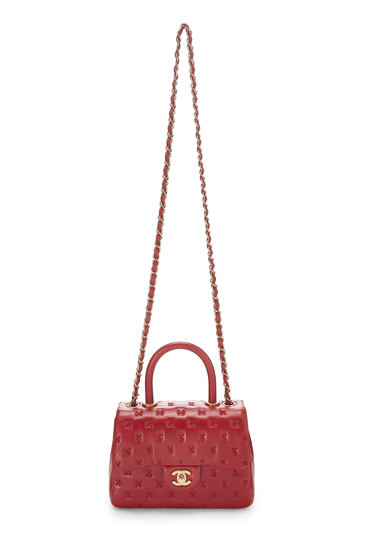 Chanel, Bolso mini con asa de coco y piel de cordero con punto de cruz rojo Pre-Loved, Rojo