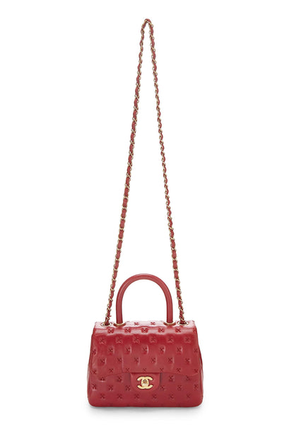 Chanel, Mini sac à main en cuir d'agneau avec poignée en coco et point de croix rouge d'occasion, rouge