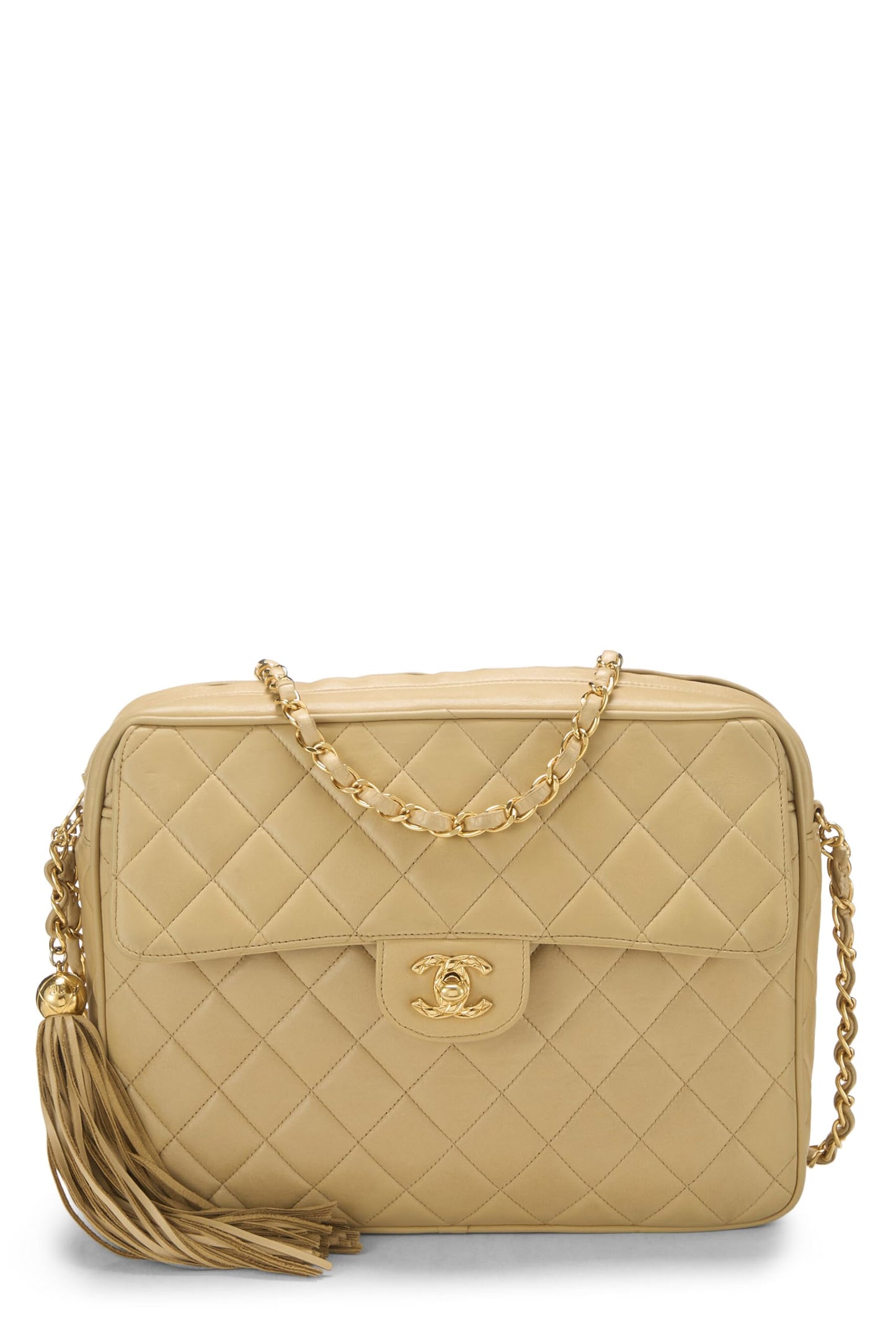 Chanel, sac à main de poche en cuir d'agneau matelassé beige, grand modèle, beige