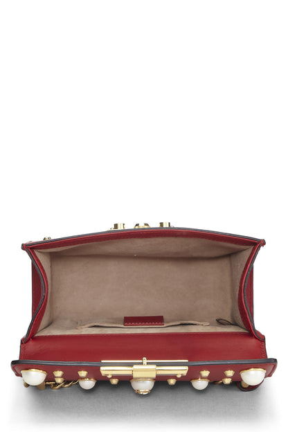 Gucci, Pre-Loved Red Leather Stud & Faux Pearl Padlock Shoulder Bag, Red