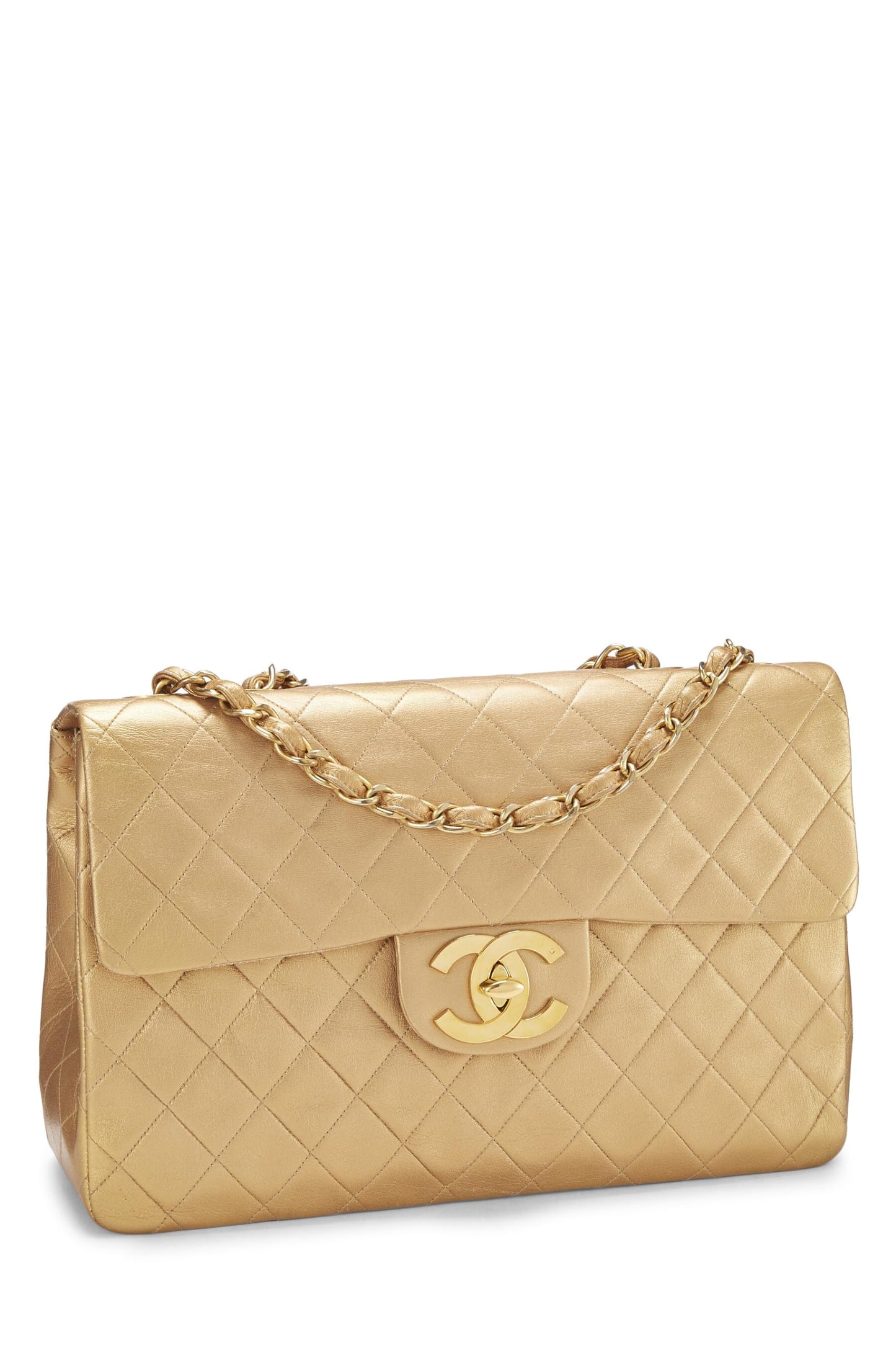 Chanel, Jumbo con media solapa acolchada de piel de cordero dorada Pre-Loved, Dorado