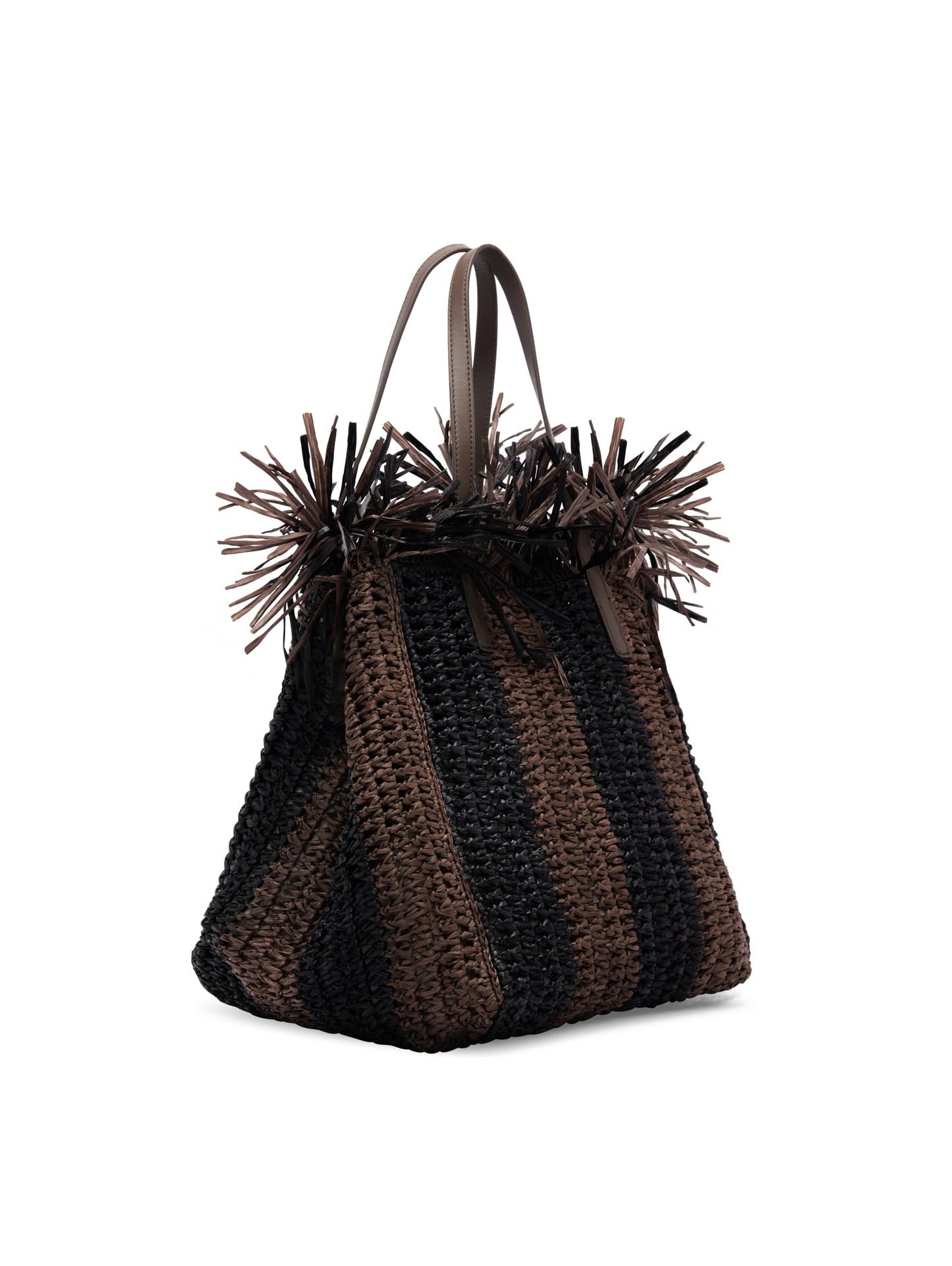 Oscar de la Renta, Tote cuadrado mediano de crochet de rafia a rayas, negro/marrón