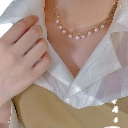 18K Gold Inlay 7-7.5mm Natural Seawater Akoya Pearl Necklace Collarbone Chain