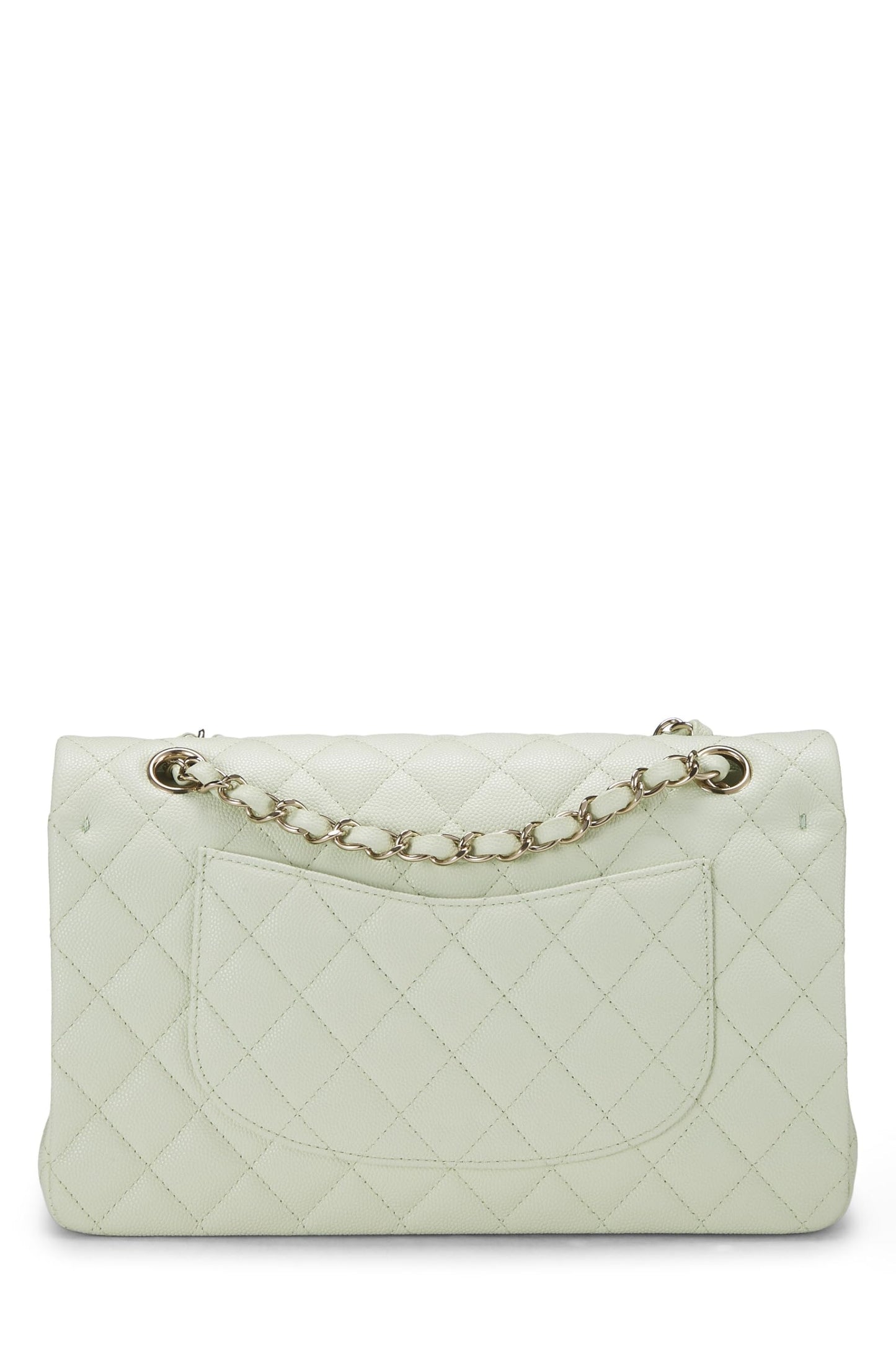 Chanel, sac à main matelassé vert caviar classique à double rabat de taille moyenne, vert