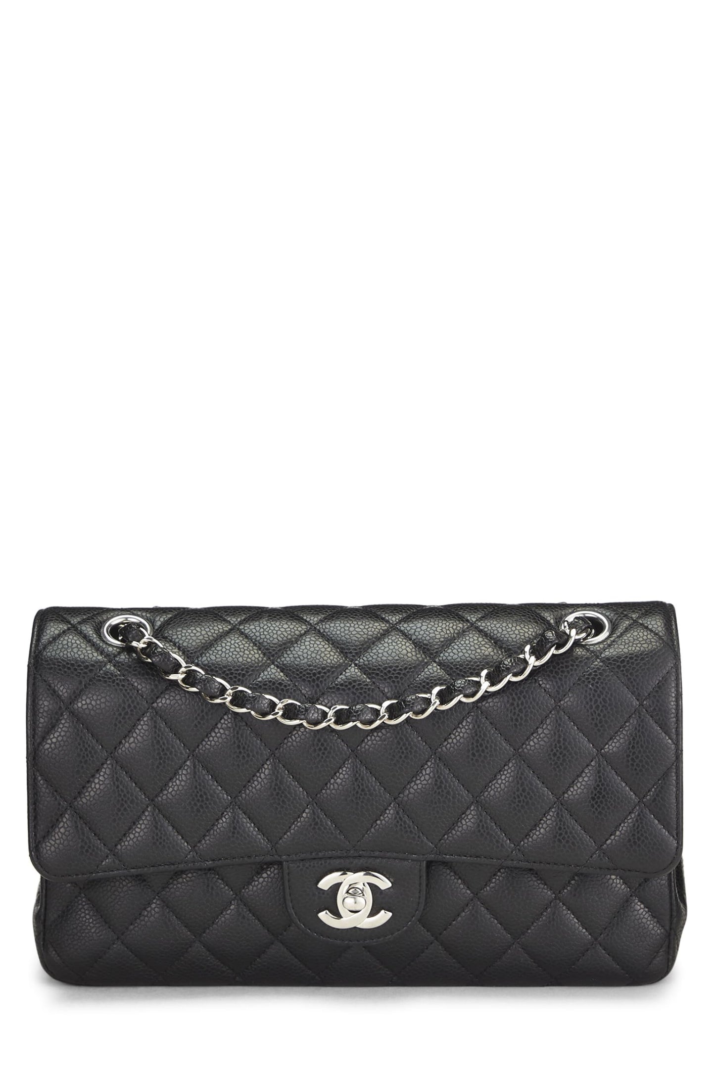 Chanel, sac à main matelassé noir à double rabat classique de taille moyenne, noir