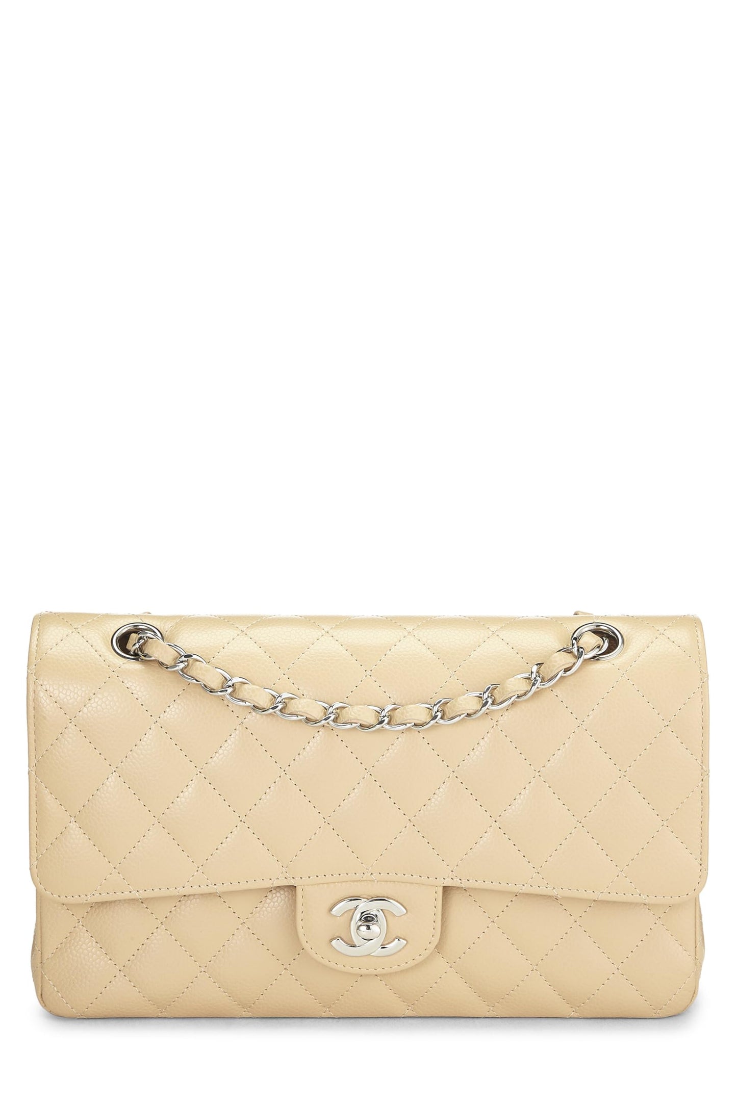 Chanel, sac à rabat double classique matelassé beige caviar d'occasion, taille M, beige