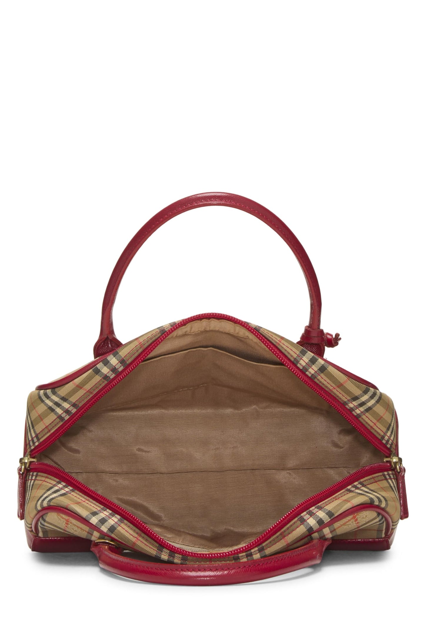 Burberry, sac à main Bowler Haymarket Check rouge d'occasion, petit, marron