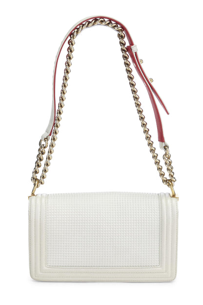 Chanel, Bolso chico mediano de piel de becerro con relieve de cubo blanco Pre-Loved, Blanco