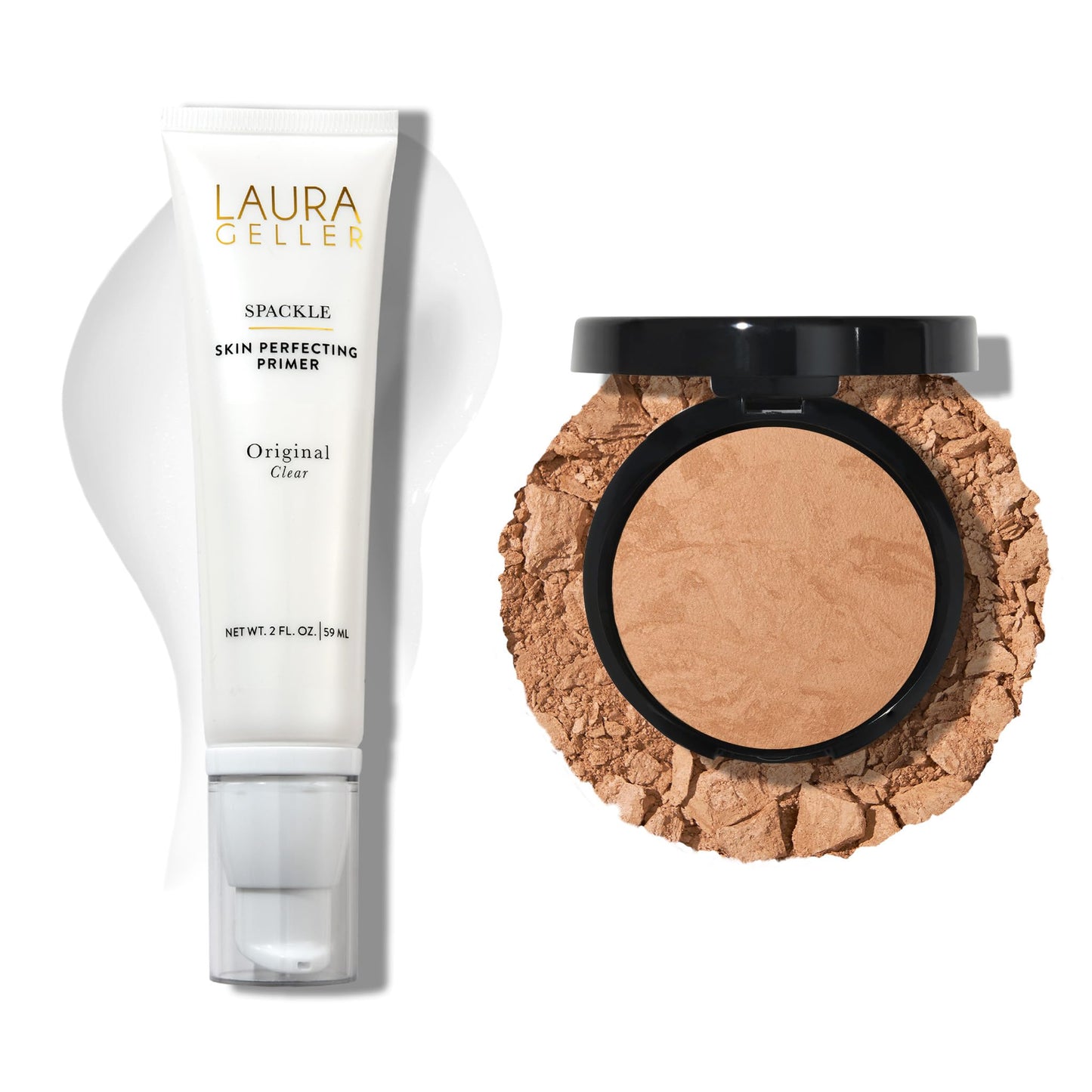 LAURA GELLER NEW YORK Baked Balance-n-Brighten Powder Foundation - Golden Medium + Spackle Super-Size Makeup Primer with Hyaluronic Acid, Original