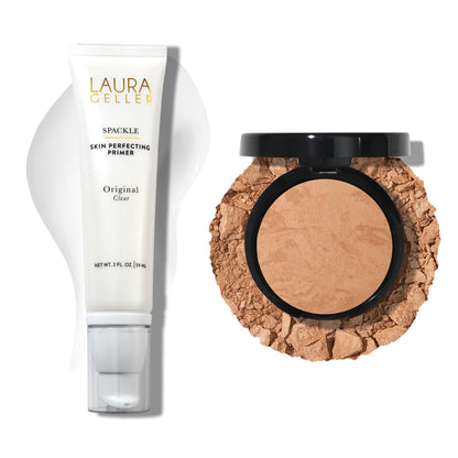 Fond de teint poudre Baked Balance-n-Brighten de LAURA GELLER NEW YORK - Golden Medium + Base de maquillage Spackle Super-Size avec acide hyaluronique, Original