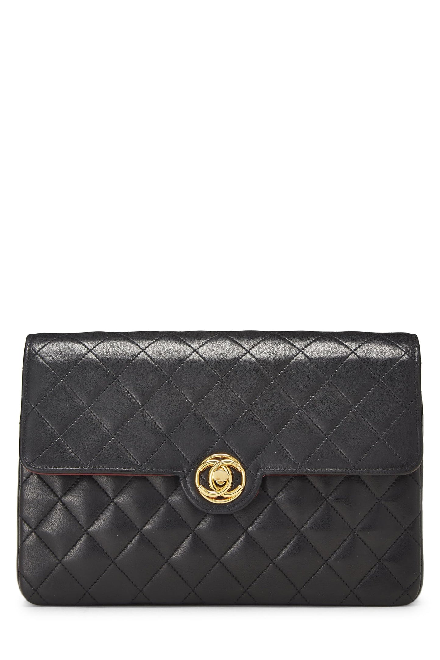 Chanel, Media solapa con cierre circular de piel de cordero acolchada negra Pre-Loved, Negro