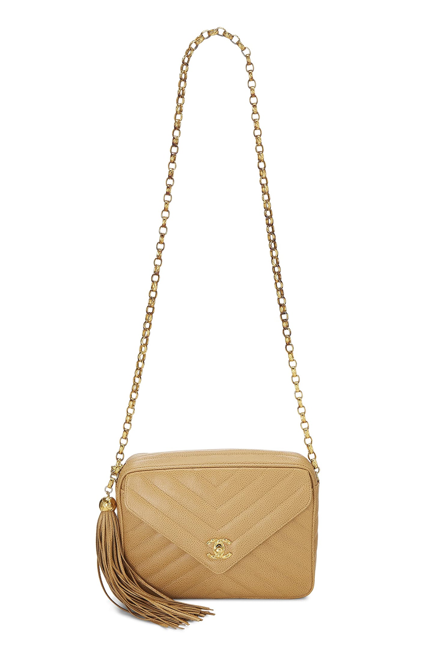 Chanel, Bolso para cámara con bolsillo en caviar y chevron beige Pre-Loved, mediano, Beige