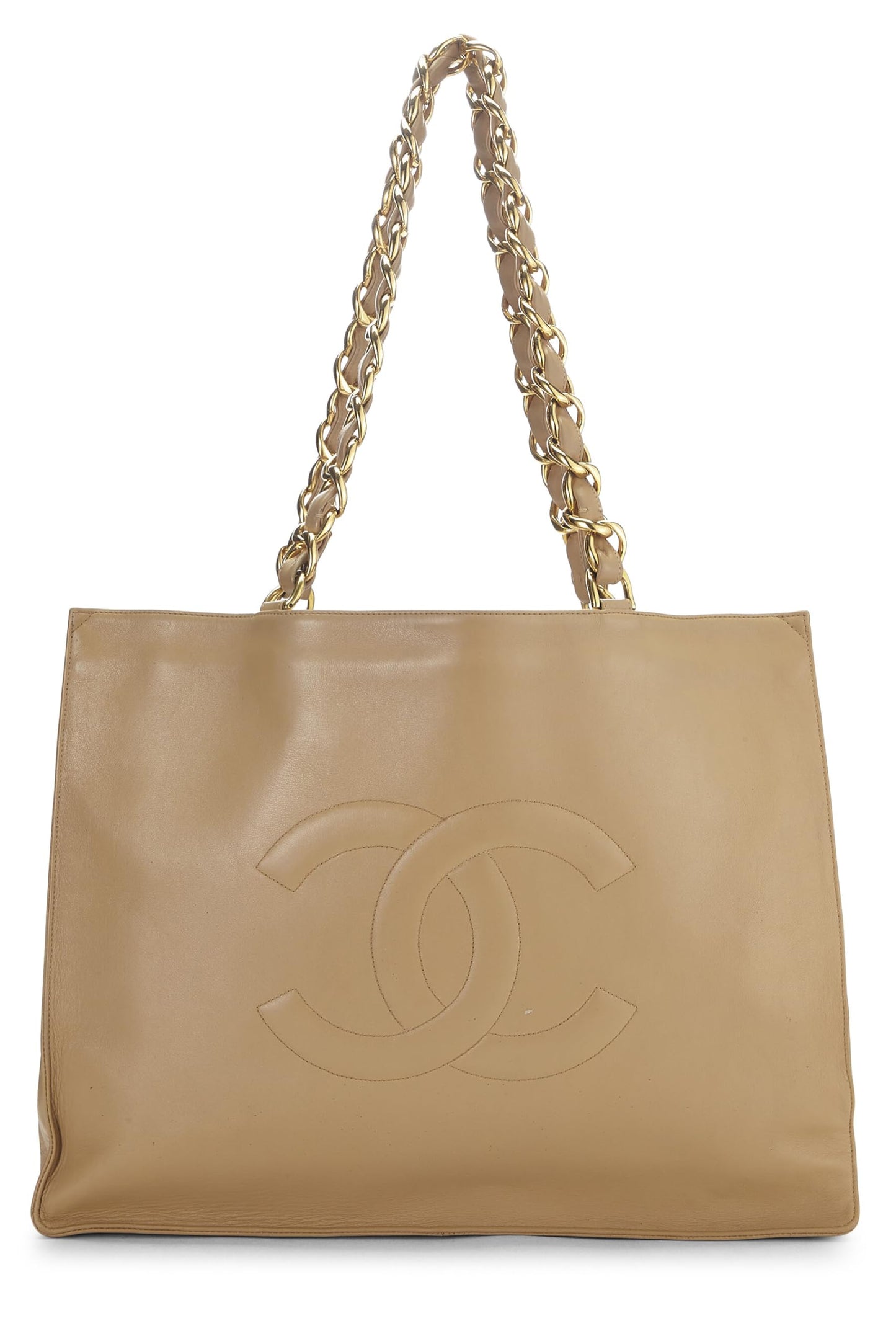 Chanel, Bolso tote con asa de cadena plana de piel de cordero beige Pre-Loved, Beige