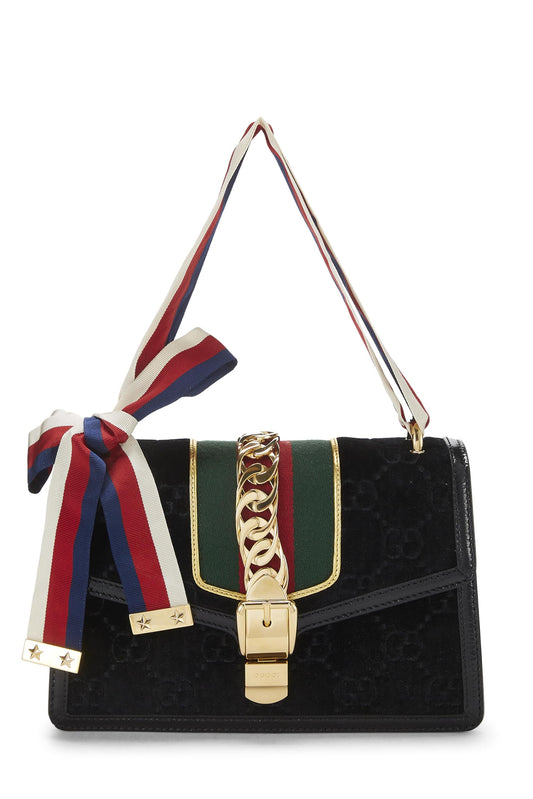 Gucci, sac à bandoulière Sylvie en velours noir GG d'occasion, noir